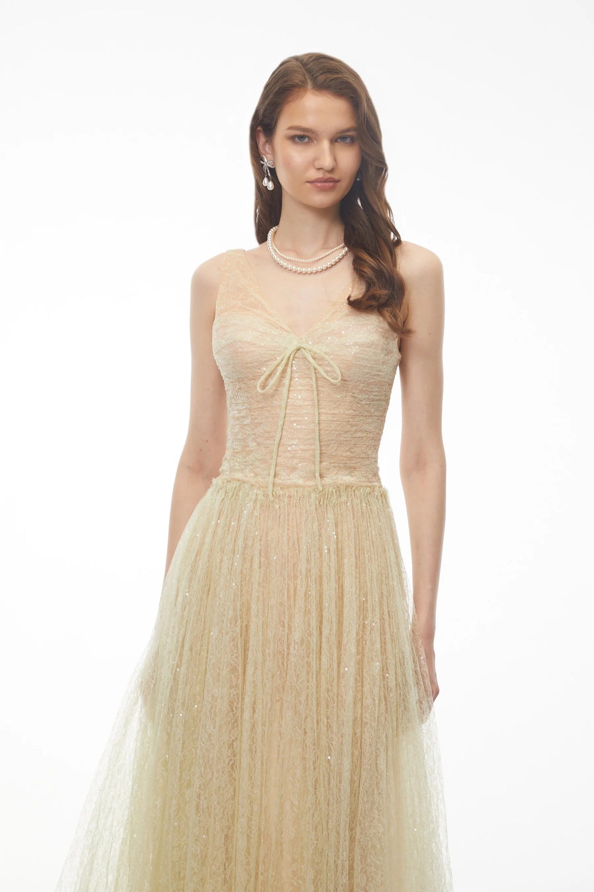 Annika Green Sequin Tulle Maxi Dress with Lace Panels