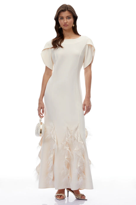 Annika White Ruffled Maxi Dress with Feather Trim