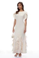Annika White Ruffled Maxi Dress with Feather Trim