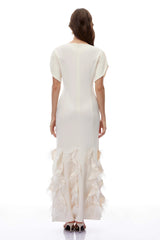 Annika White Ruffled Maxi Dress with Feather Trim