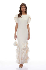 Annika White Ruffled Maxi Dress with Feather Trim