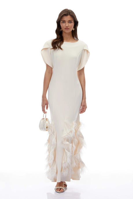 Annika White Ruffled Maxi Dress with Feather Trim