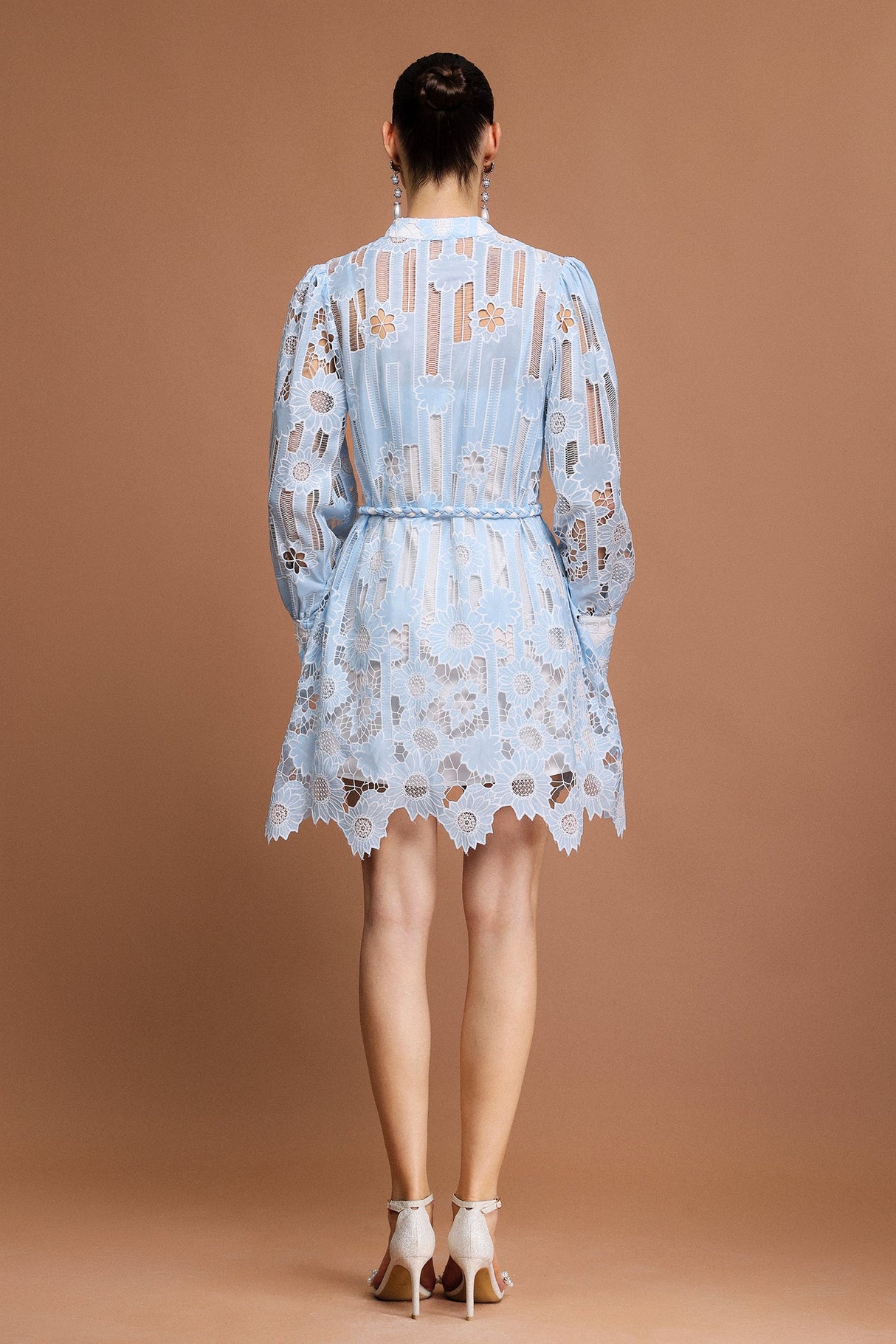 Annunziata Blue Floral Lace Button-Up Mini Dress with Sheer Long Sleeves and Cinched Waist