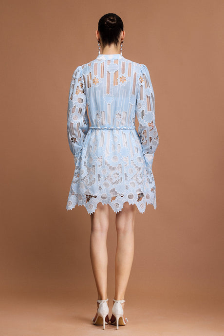 Annunziata Blue Floral Lace Button-Up Mini Dress with Sheer Long Sleeves and Cinched Waist
