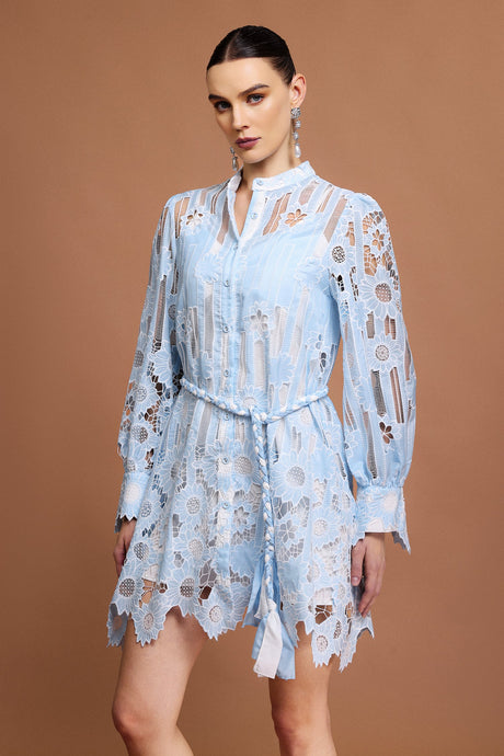 Annunziata Blue Floral Lace Button-Up Mini Dress with Sheer Long Sleeves and Cinched Waist