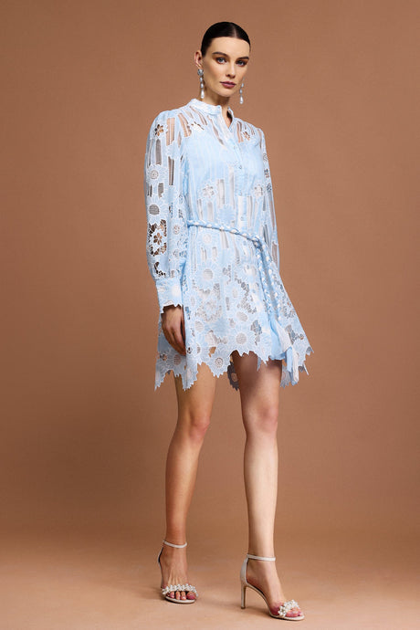 Annunziata Blue Lace Mini Dress with Sheer Sleeves and Tie Belt