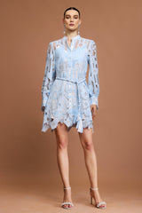 Annunziata Blue Lace Mini Dress with Sheer Sleeves and Tie Belt