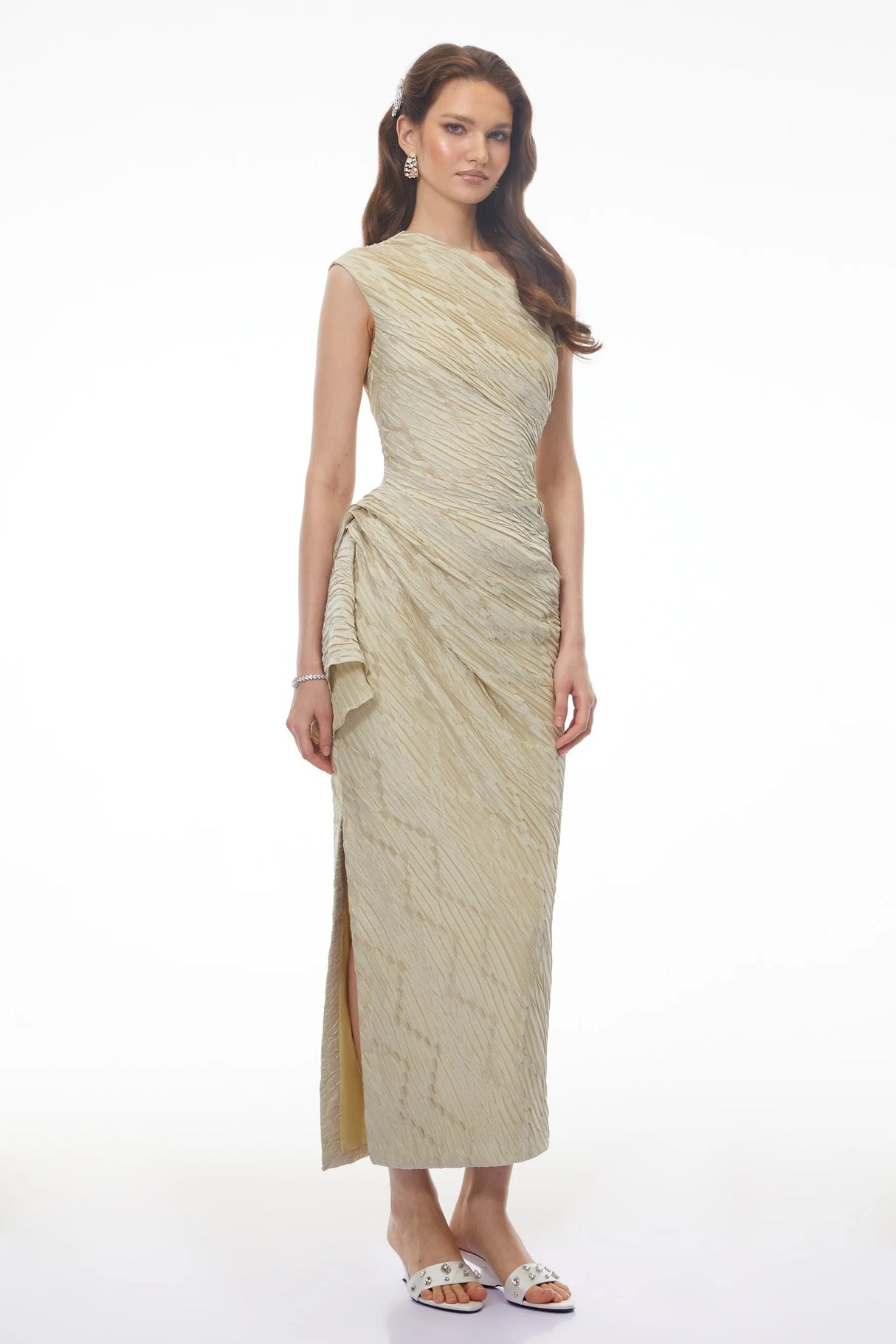 Annunziata Green Asymmetrical Ruched Maxi Dress