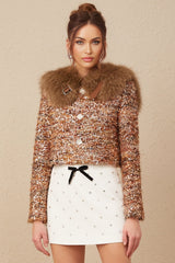 Annunziata Jacket - Oversized Collar - Fox - Fur Sequin Detailing - Panelled Design - Front Button Fastening