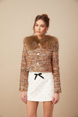 Annunziata Jacket - Oversized Collar - Fox - Fur Sequin Detailing - Panelled Design - Front Button Fastening