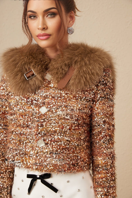 Annunziata Jacket - Oversized Collar - Fox - Fur Sequin Detailing - Panelled Design - Front Button Fastening