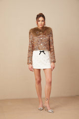 Annunziata Jacket - Oversized Collar - Fox - Fur Sequin Detailing - Panelled Design - Front Button Fastening