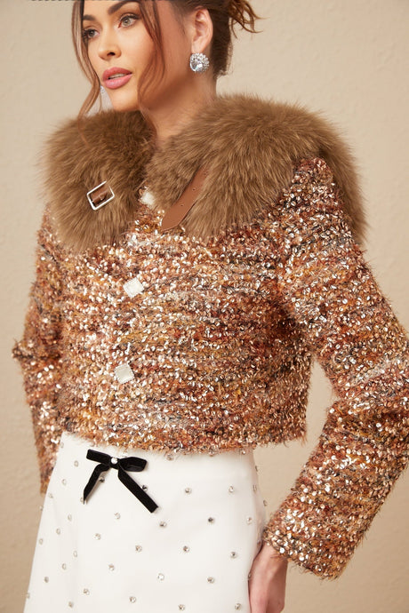 Annunziata Jacket - Oversized Collar - Fox - Fur Sequin Detailing - Panelled Design - Front Button Fastening