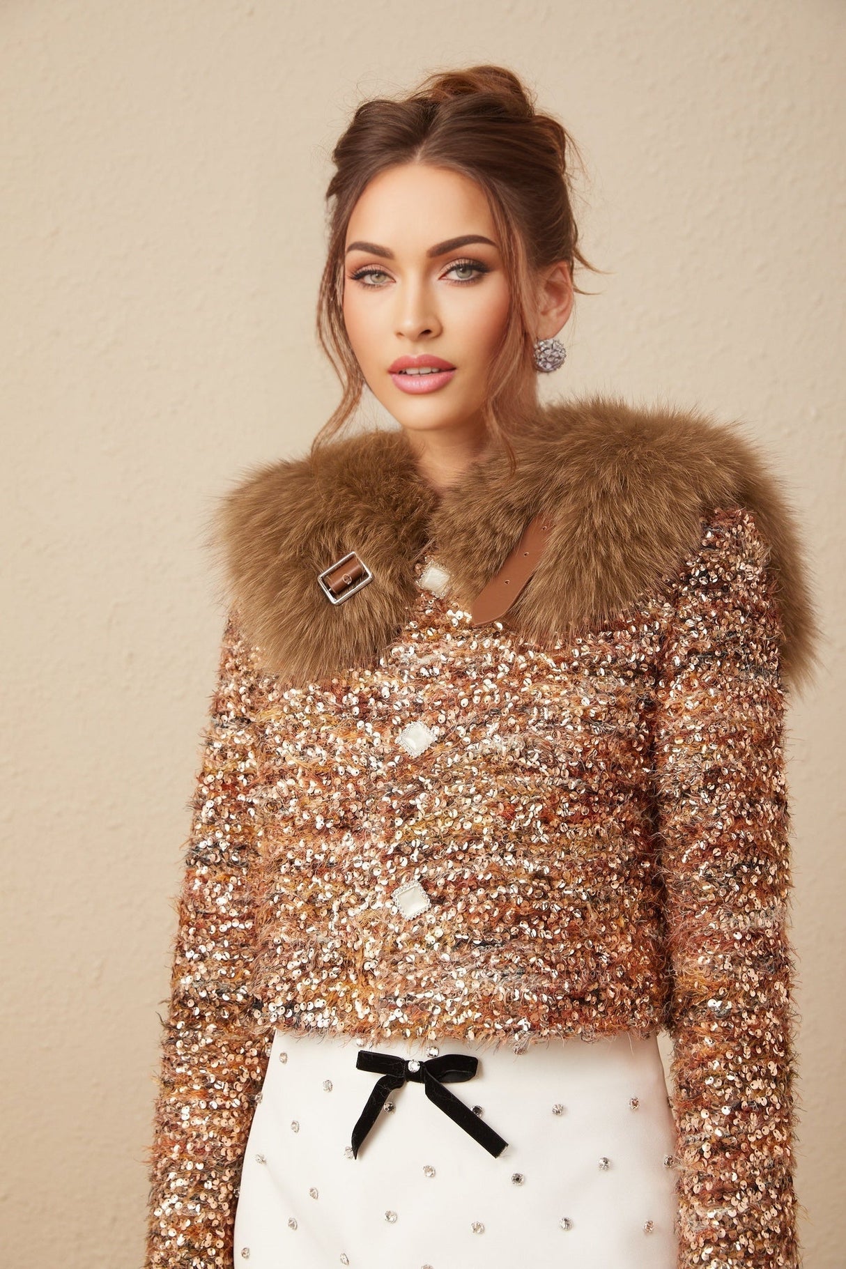 Annunziata Jacket - Oversized Collar - Fox - Fur Sequin Detailing - Panelled Design - Front Button Fastening