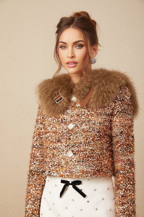 Annunziata Jacket - Oversized Collar - Fox - Fur Sequin Detailing - Panelled Design - Front Button Fastening