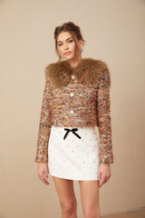 Annunziata Jacket - Oversized Collar - Fox - Fur Sequin Detailing - Panelled Design - Front Button Fastening