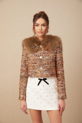 Annunziata Jacket - Oversized Collar - Fox - Fur Sequin Detailing - Panelled Design - Front Button Fastening