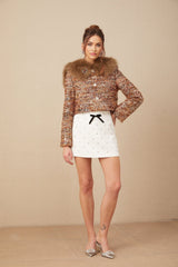 Annunziata Jacket - Oversized Collar - Fox - Fur Sequin Detailing - Panelled Design - Front Button Fastening