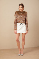Annunziata Jacket - Oversized Collar - Fox - Fur Sequin Detailing - Panelled Design - Front Button Fastening