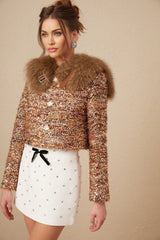 Annunziata Jacket - Oversized Collar - Fox - Fur Sequin Detailing - Panelled Design - Front Button Fastening