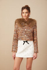 Annunziata Jacket - Oversized Collar - Fox - Fur Sequin Detailing - Panelled Design - Front Button Fastening
