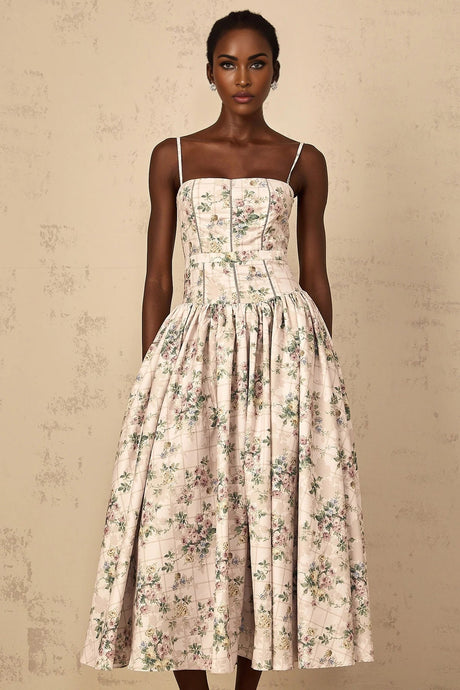Annunziata Midi Dress Neutral Floral Print Adjustable Straps & Cinched Waist