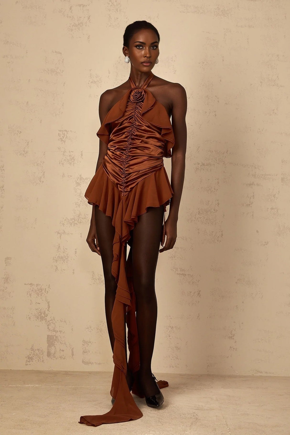 Annunziata Mini Dress Brown Floral Ruched Halter - neck & Applique