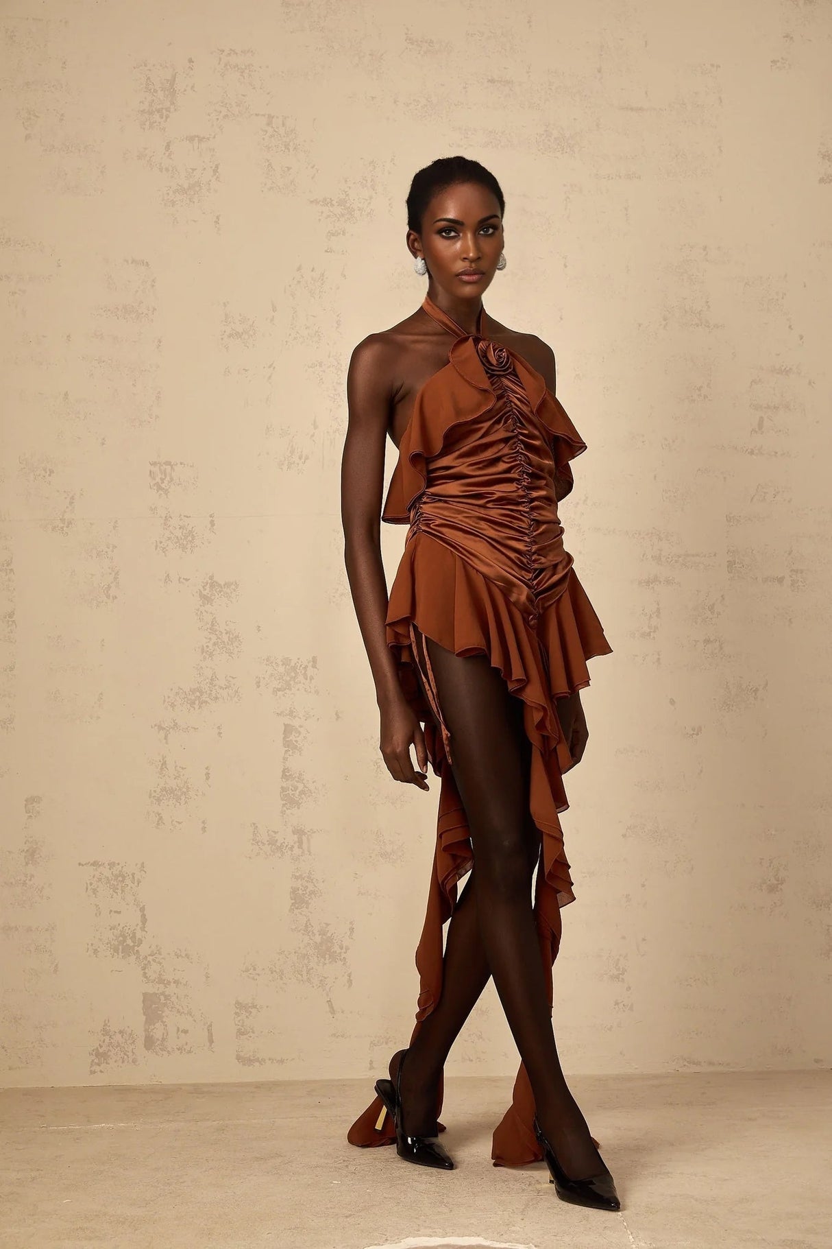Annunziata Mini Dress Brown Floral Ruched Halter - neck & Applique
