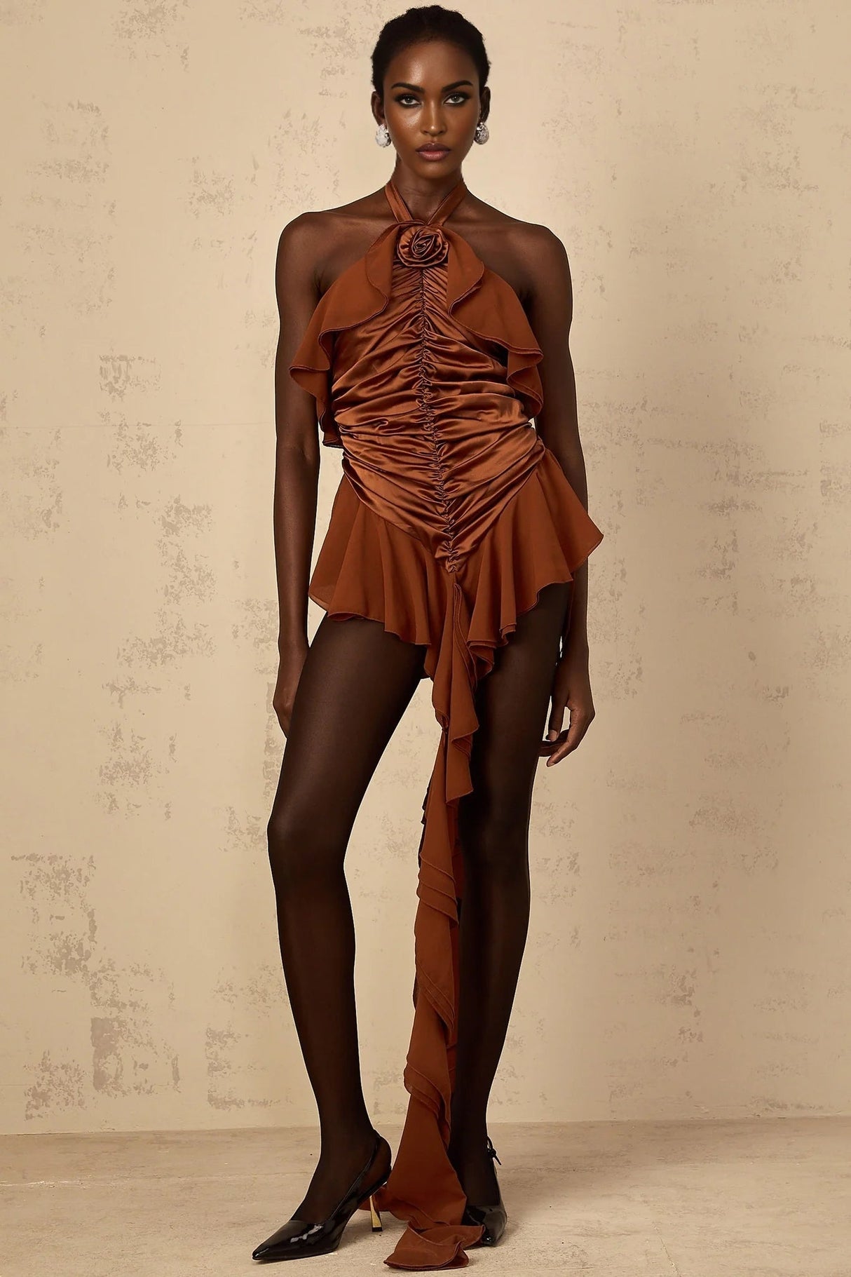 Annunziata Mini Dress Brown Floral Ruched Halter - neck & Applique