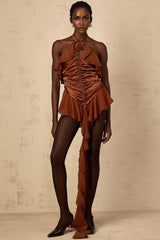 Annunziata Mini Dress Brown Floral Ruched Halter - neck & Applique