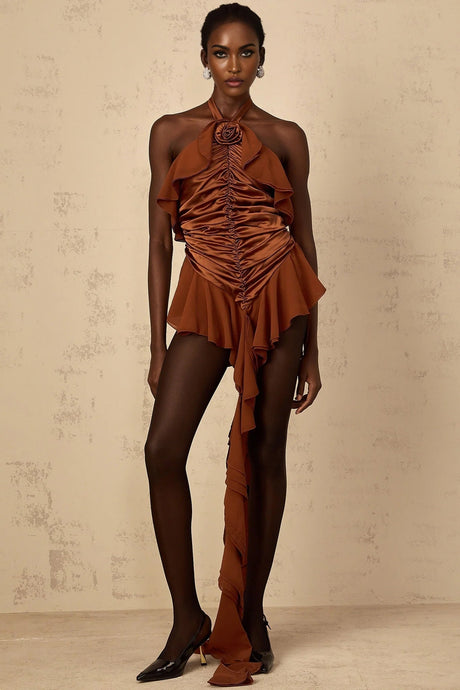 Annunziata Mini Dress Brown Floral Ruched Halter - neck & Applique
