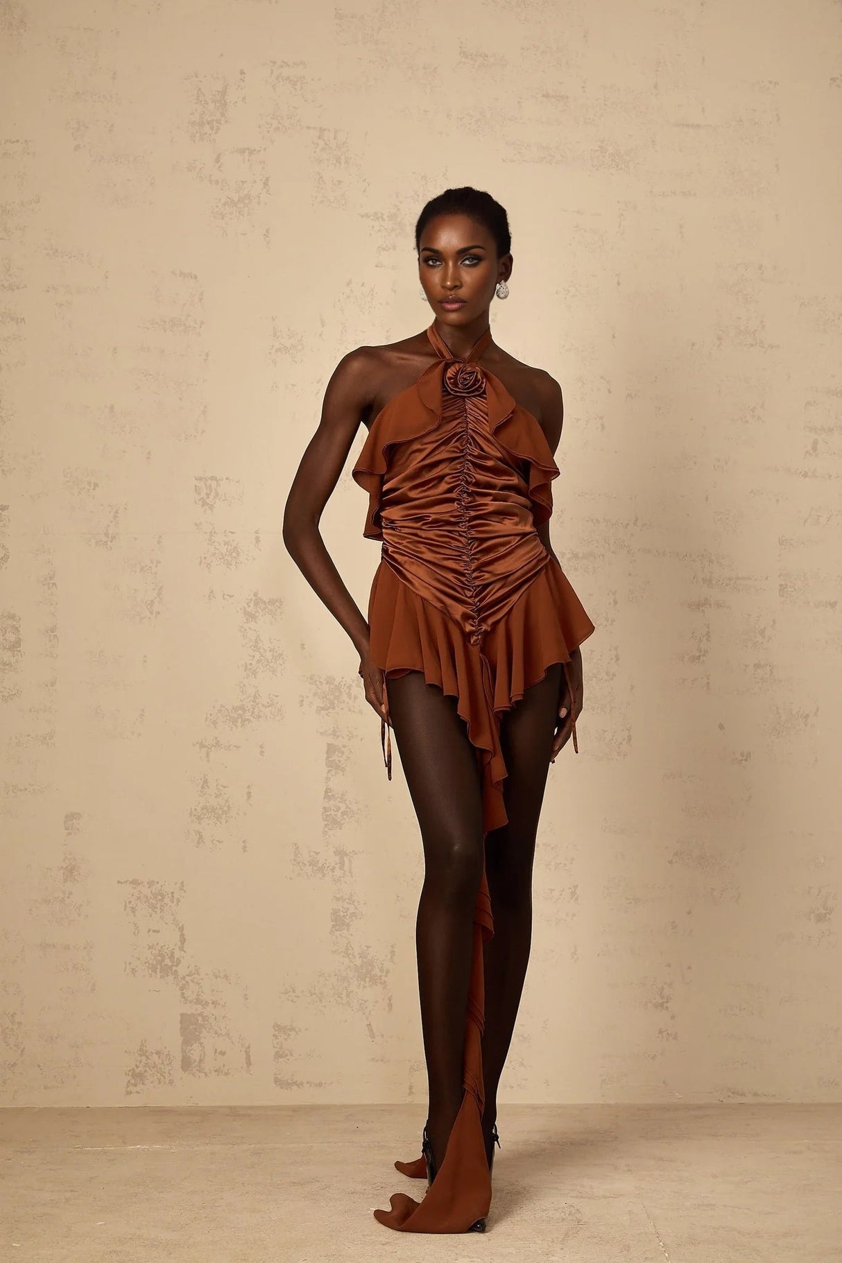 Annunziata Mini Dress Brown Floral Ruched Halter - neck & Applique
