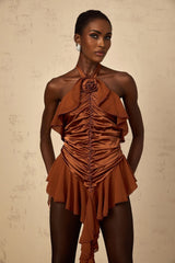 Annunziata Mini Dress Brown Floral Ruched Halter - neck & Applique