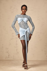 Anouk blue mini dress with floral lace panels and fitted silhouette