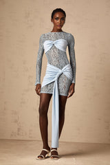 Anouk blue mini dress with floral lace panels and fitted silhouette