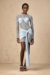 Anouk blue mini dress with floral lace panels and fitted silhouette