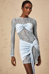 Anouk blue mini dress with floral lace panels fitted silhouette short length