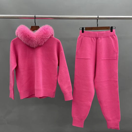 Ansley Cotton Knit Set with Real Fox Fur Hood