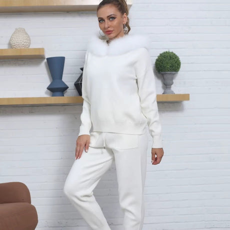 Ansley Cotton Knit Set with Real Fox Fur Hood