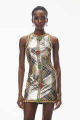 Anthea Gold Metallic Check Off Shoulder Mini Dress