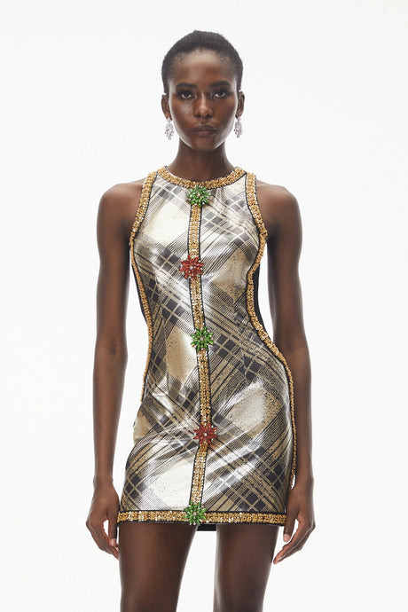 Anthea Gold Metallic Check Off Shoulder Mini Dress