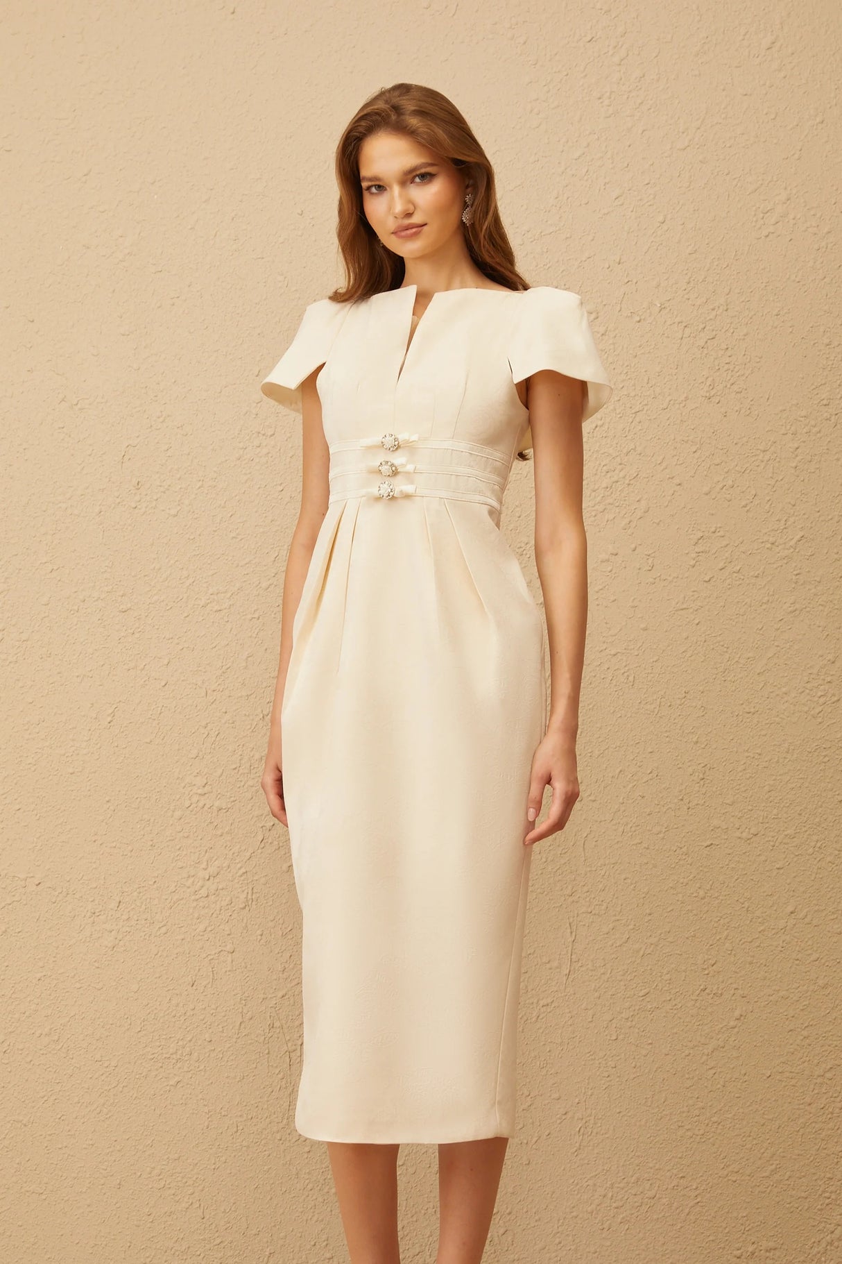 Antoinette Neutral Floral Jacquard Bowknot Midi Dress
