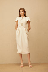 Antoinette Neutral Floral Jacquard Bowknot Midi Dress