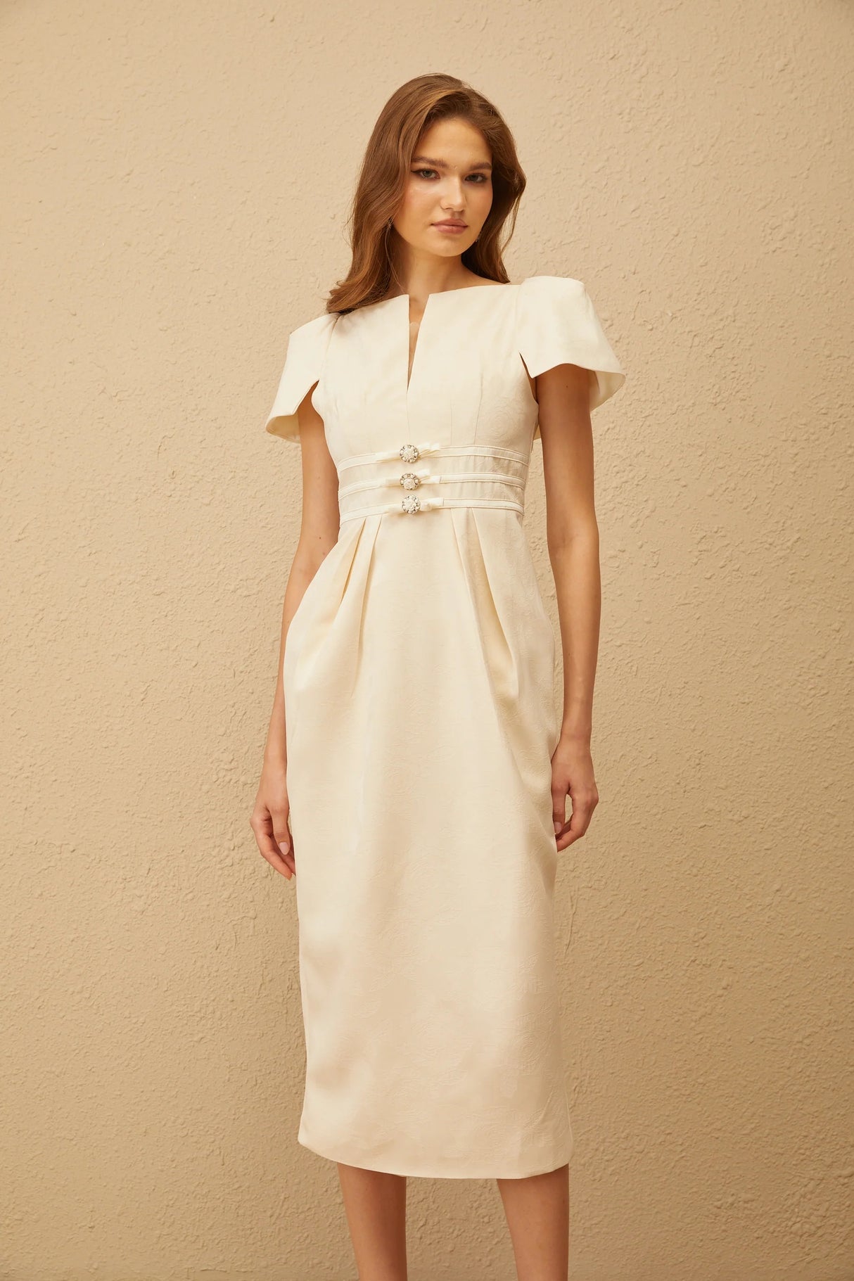 Antoinette Neutral Floral Jacquard Bowknot Midi Dress