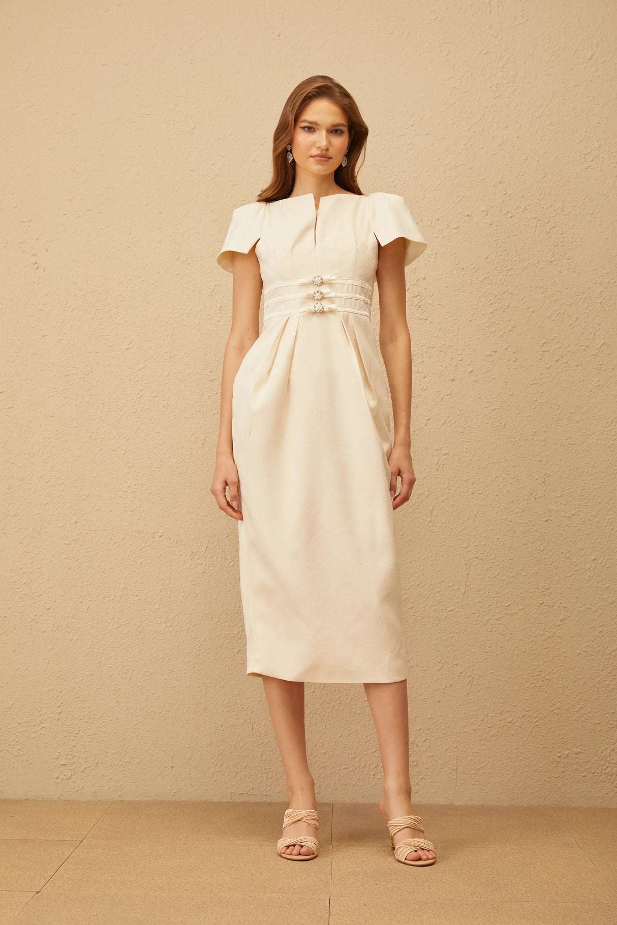 Antoinette Neutral Floral Jacquard Bowknot Midi Dress