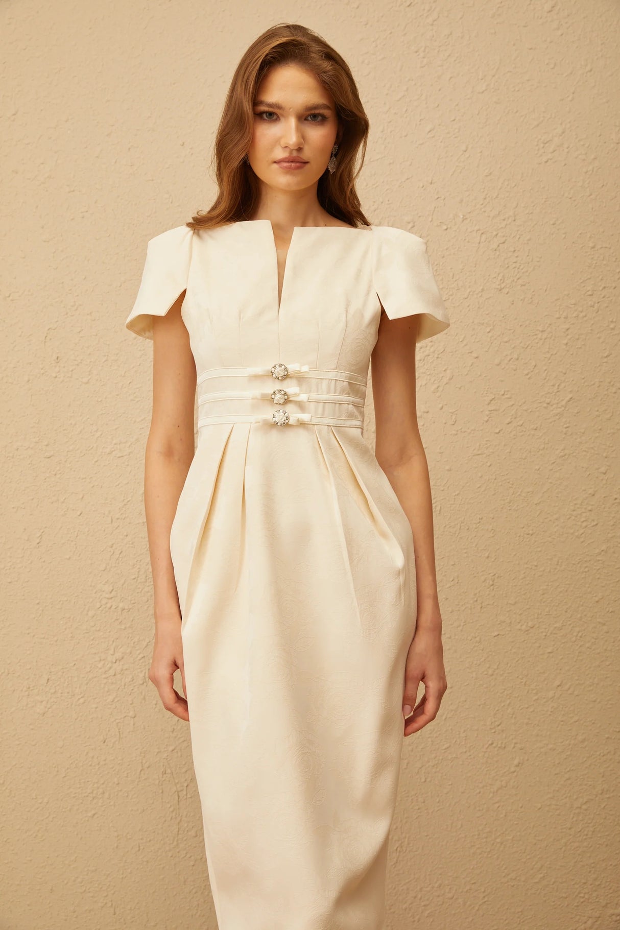 Antoinette Neutral Floral Jacquard Bowknot Midi Dress