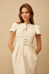 Antoinette Neutral Floral Jacquard Bowknot Midi Dress
