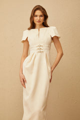 Antoinette Neutral Floral Jacquard Bowknot Midi Dress