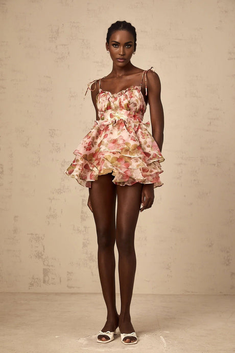 Antonella Mini Dress Strawberry - Print Tiered Flounce & Lace - Up