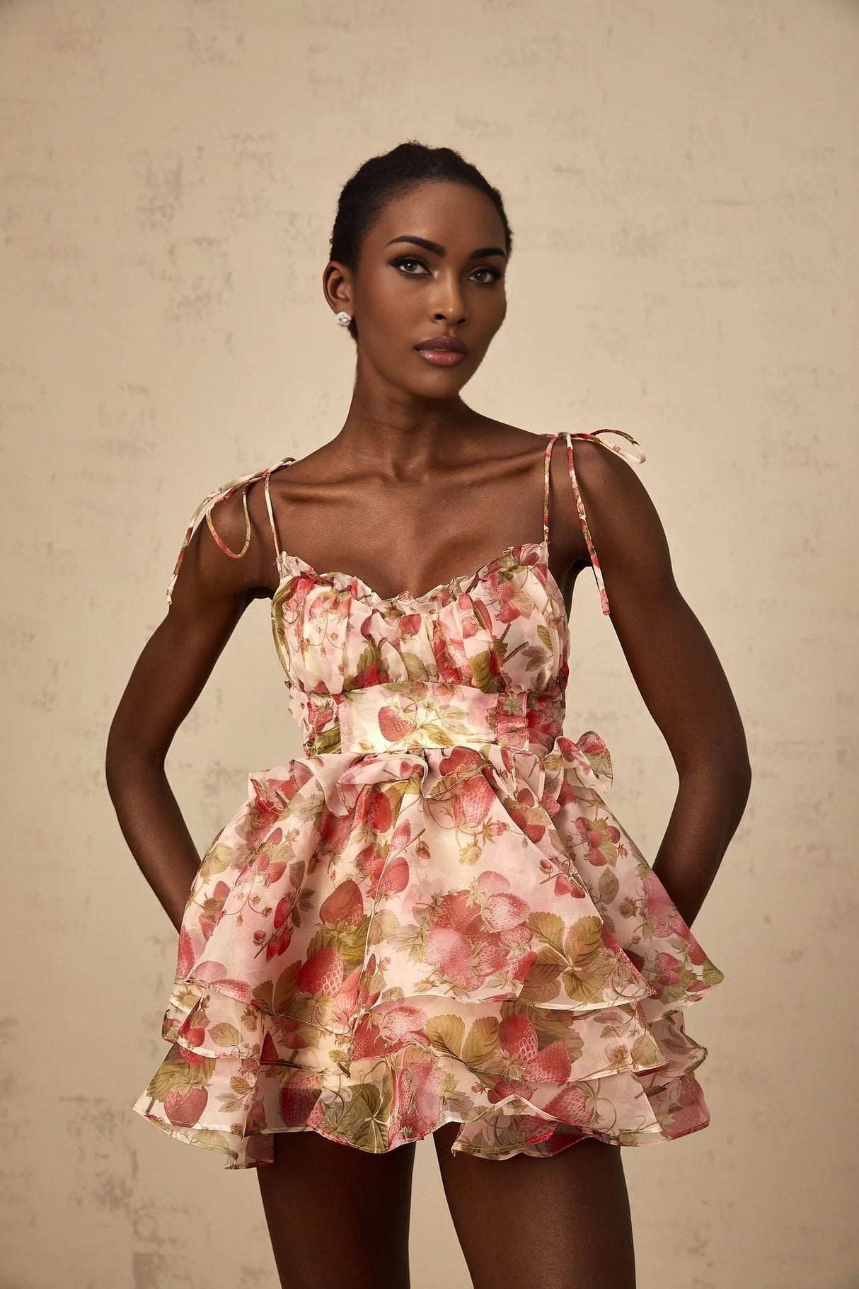 Antonella Mini Dress Strawberry - Print Tiered Flounce & Lace - Up